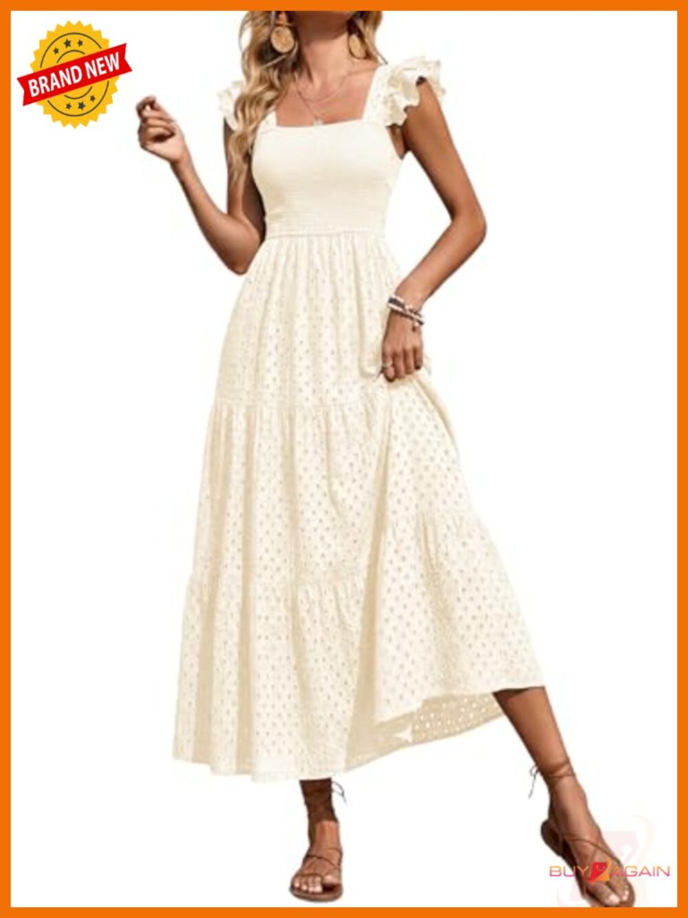 PRETTYGARDEN Women's Square Neck Maxi Dress Cap Sleeve Eyelet Smocked A-Line